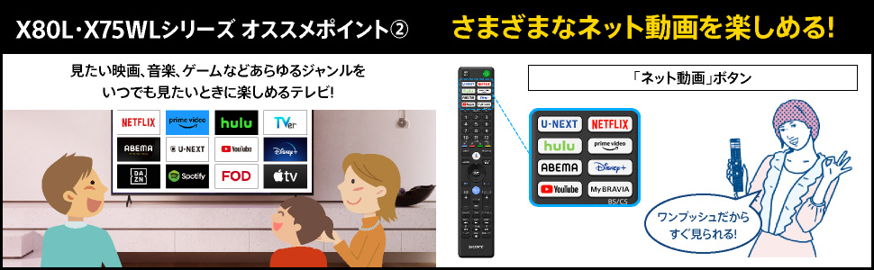 X80L・X75WLシリーズ オススメポイント2 さまざまなネット動画を楽しめる! 見たい映画、音楽、 ゲームなどあらゆるジャンルをいつでも見たいときに楽しめるテレビ! 「ネット動画」ボタンでワンプッシュだからすぐ見られる!