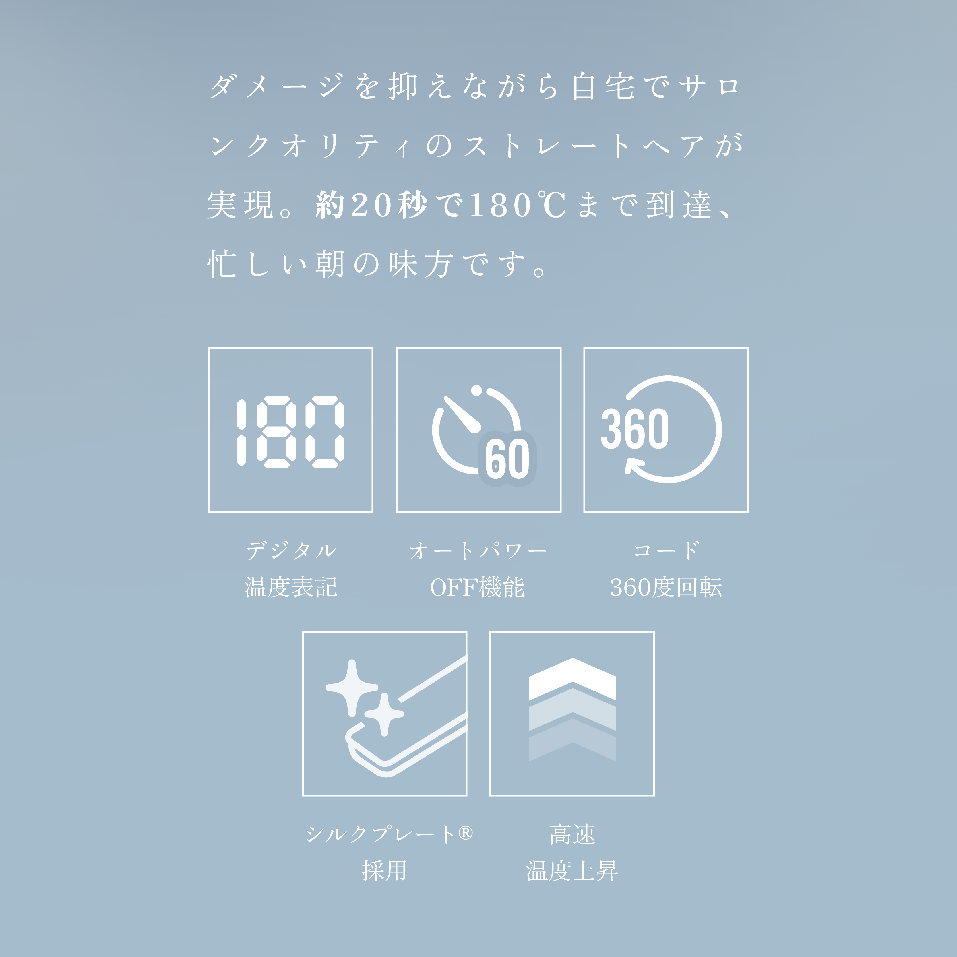 デジタル温度表記 オートパワーOFF機能 コード360度回転 シルクプレート採用 高速温度上昇