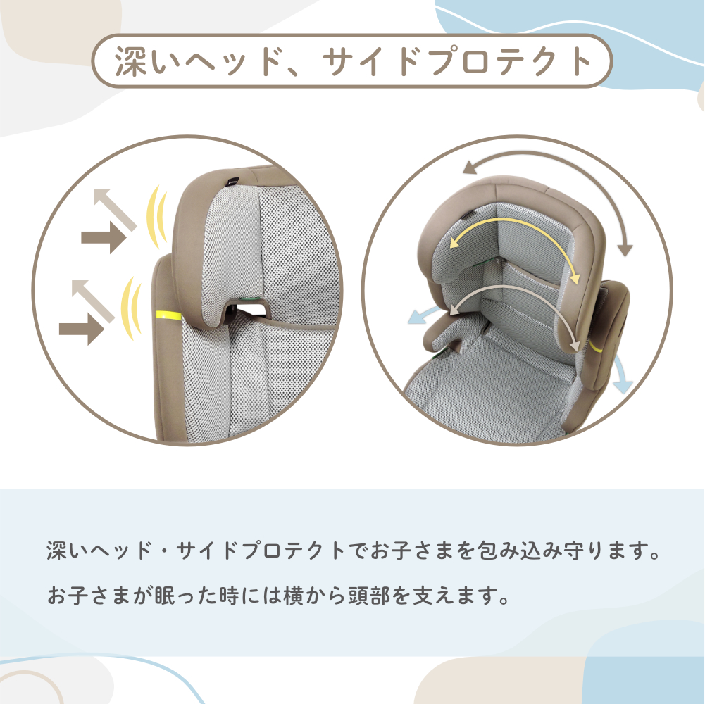 深いヘッド、サイドプロテクト 深いヘッド・サイドプロテクトでお子さまを包み込み守ります。お子さまが眠った時には横から頭部を支えます。