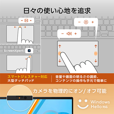 日々の使い方を追求 スマートジェスチャー対応大型タッチパッド カメラを物理的にオン／オフ可能