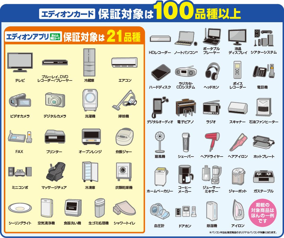 エディオンカード保証対象は100品種以上 エディオンアプリあんしん保証カードの保証対象は21品種