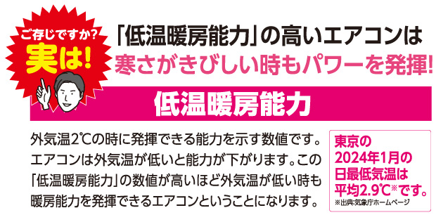 「低温暖房能力」の高いエアコンは寒さがきびしい時もパワーを発揮!