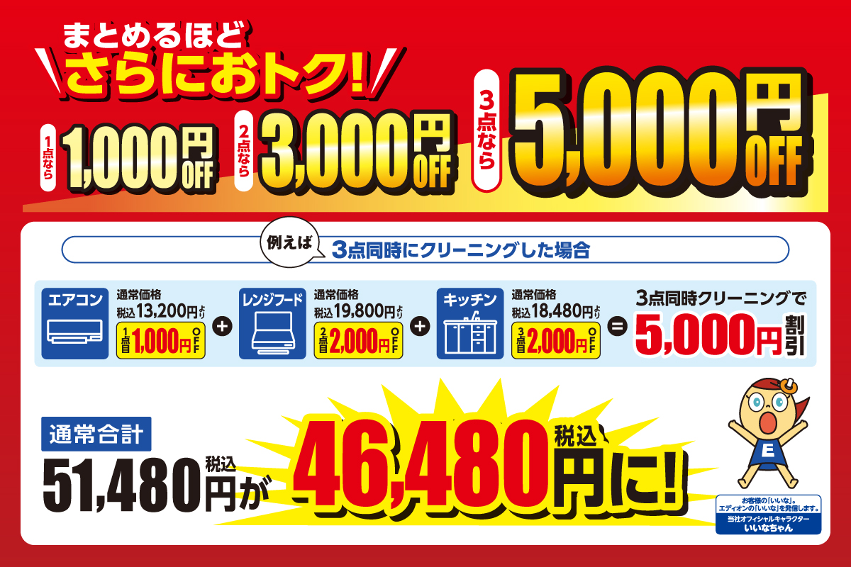 1点なら1000円,2点なら3000円, 3点なら5000円OFF！