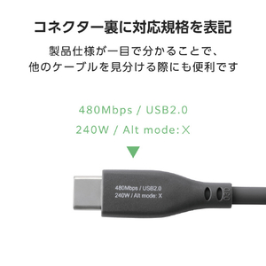 エレコム USB2．0ケーブル(USB Type-C(TM) - USB Type-C/240W/なめらか) グレー MPA-CCPESS15GY-イメージ8