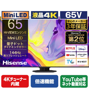 U9Nシリーズ 量子Dot 液晶4K 65V 4Kチューナー内蔵 倍速機能 YouTube等ネット動画対応